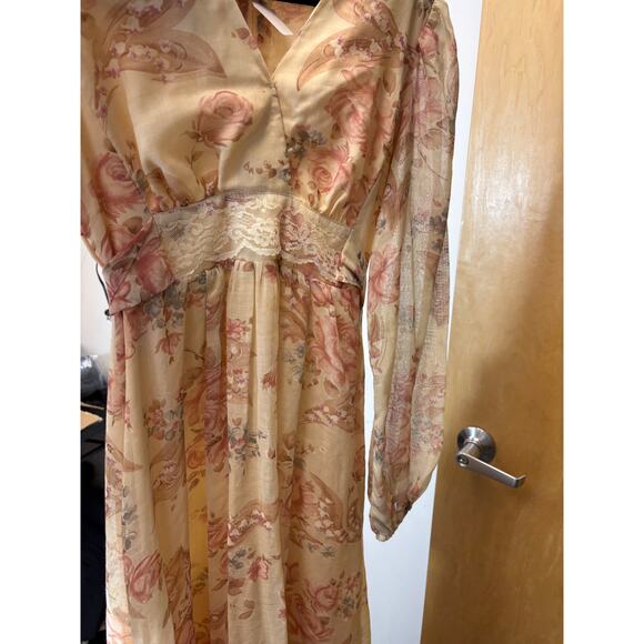 VINTAGE 70s Maxi Dress Womens Pink Beige Floral Puff Sleeve Cottagecore Small - Picture 7 of 9